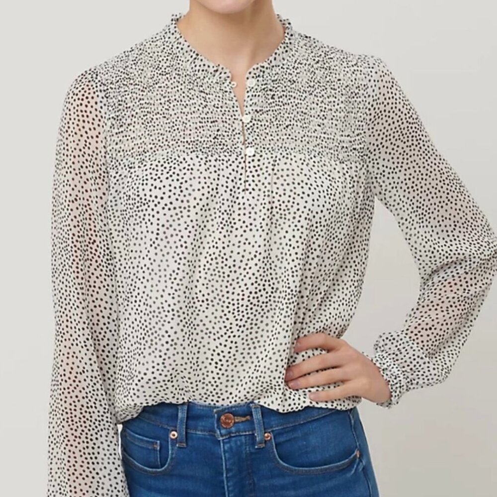 LOFT- Dotted Smocked Henley Blouse- Size L